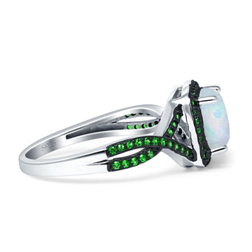 Halo Cushion Infinity Twist Side Stone Green Emerald CZ Fashion Ring Lab Created White Opal 925 Sterling Silver Wholesale